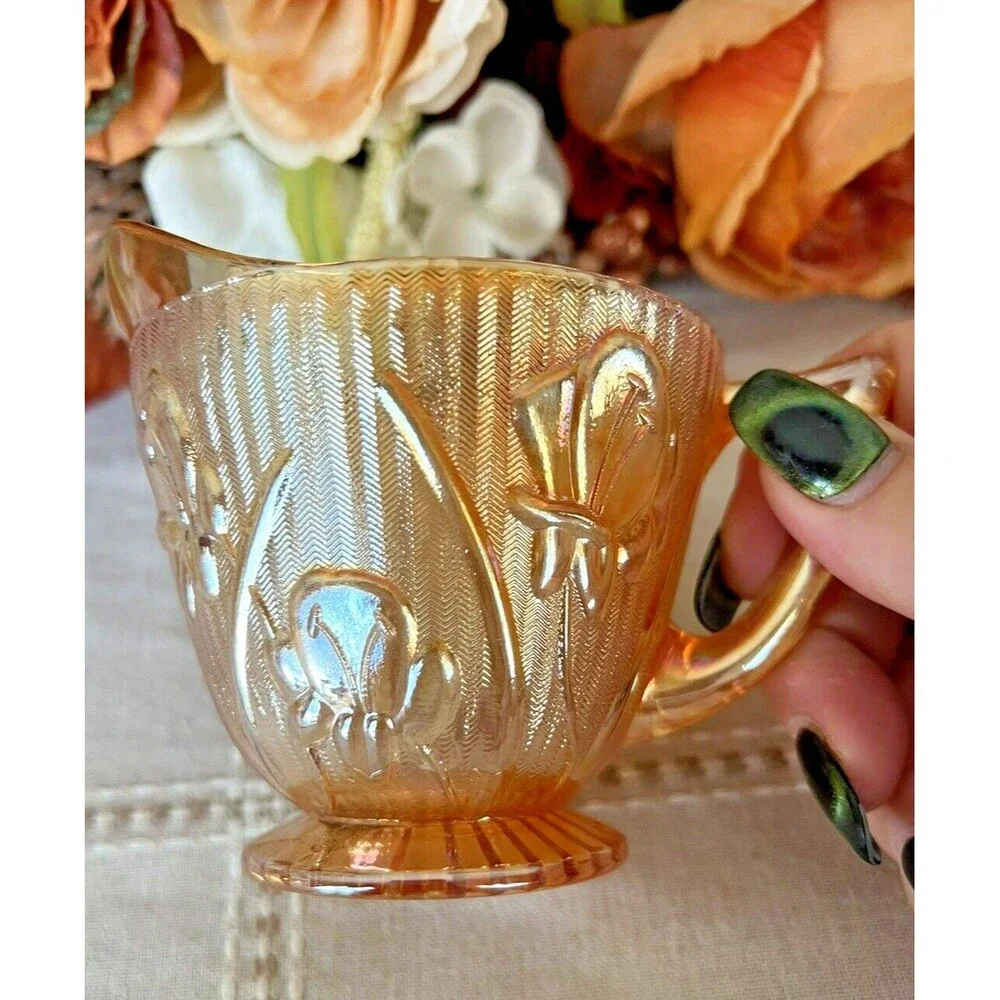 Jeannette Carnival Glass Creamer Orange Iridescent Irises and Herringbone Patter